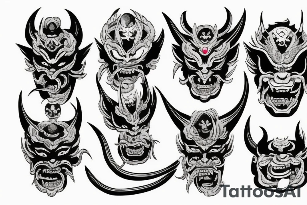 a lot of hands around the Japanese demon mask tattoo idea