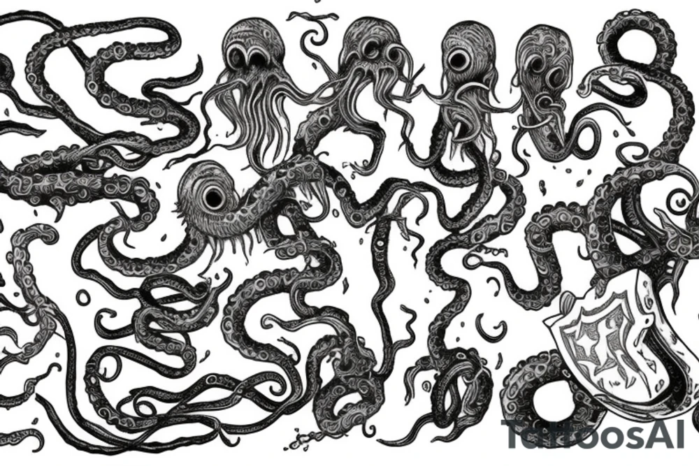 Guts from the manga Berserk with tentacles in the style of Lovecraft tattoo idea