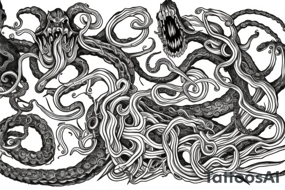 Guts from the manga Berserk with tentacles in the style of Lovecraft tattoo idea