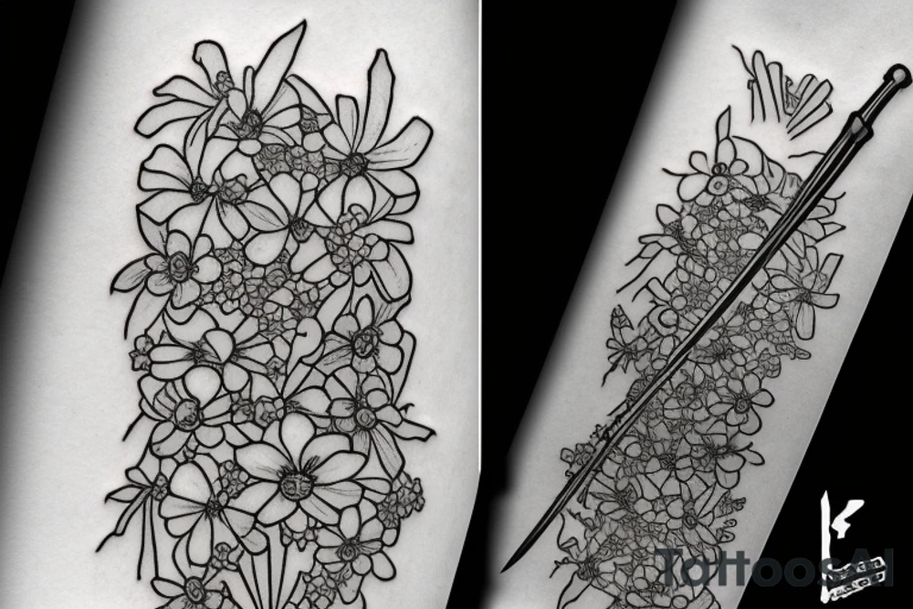 Japanese katana dips the blade into the flowers. Sketch on the floor of the hand tattoo idea