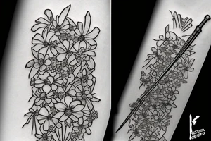 Japanese katana dips the blade into the flowers. Sketch on the floor of the hand tattoo idea