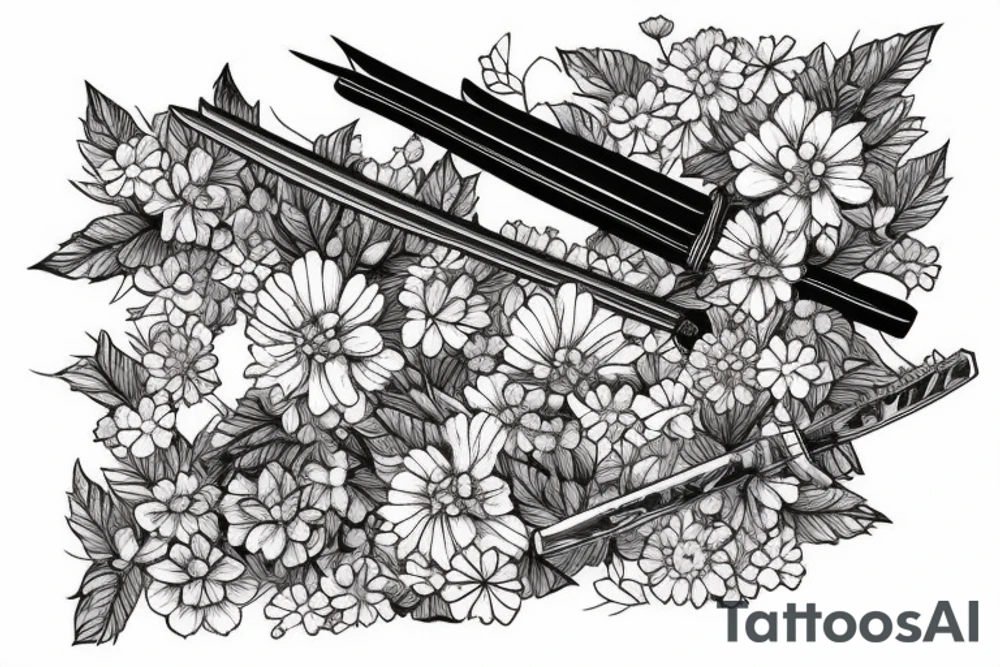 Japanese katana dips the blade into the flowers. Sketch on the floor of the hand tattoo idea