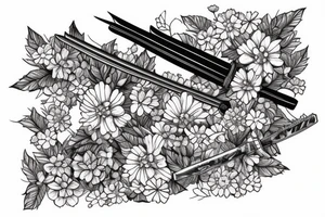 Japanese katana dips the blade into the flowers. Sketch on the floor of the hand tattoo idea