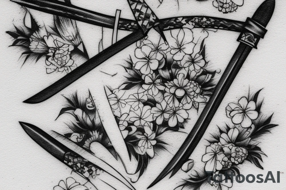 Japanese katana dips the blade into the flowers. Sketch on the floor of the hand tattoo idea
