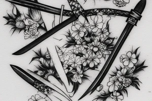 Japanese katana dips the blade into the flowers. Sketch on the floor of the hand tattoo idea