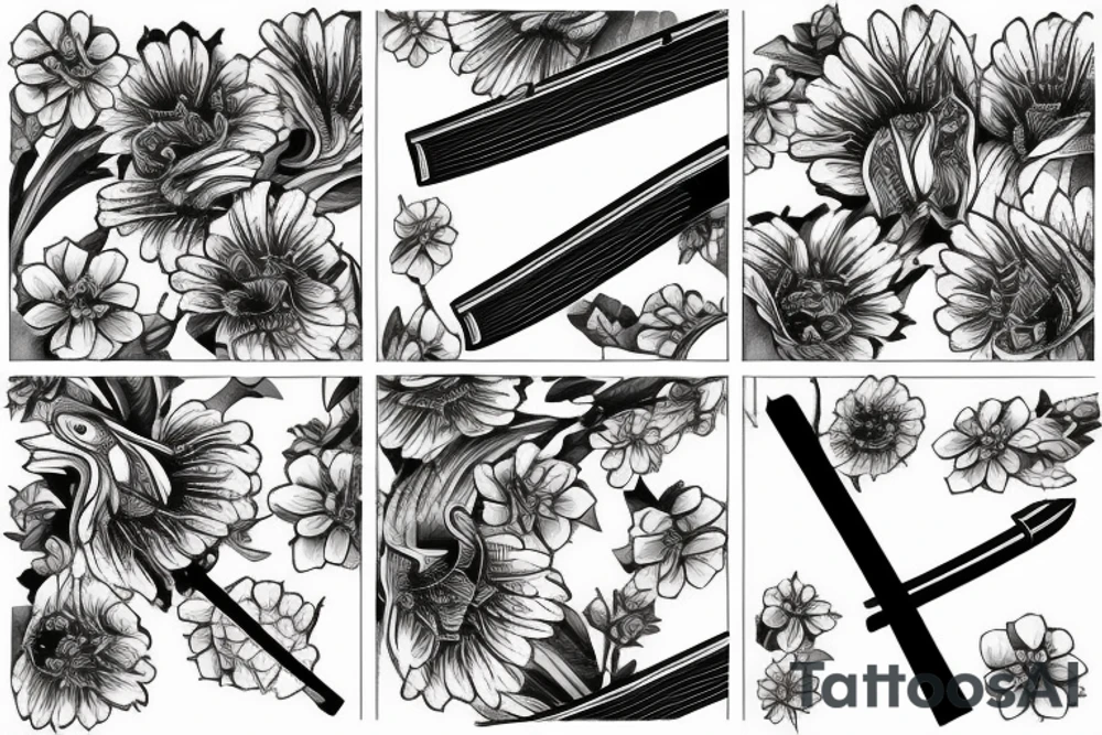 Japanese katana dips the blade into the flowers. Sketch on the floor of the hand tattoo idea