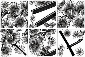 Japanese katana dips the blade into the flowers. Sketch on the floor of the hand tattoo idea