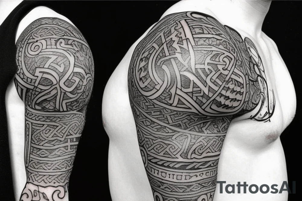 viking theme on chest, shoulder and upper arm tattoo idea