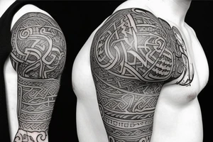 viking theme on chest, shoulder and upper arm tattoo idea