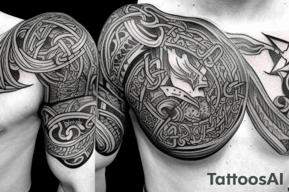 viking theme on chest, shoulder and upper arm tattoo idea