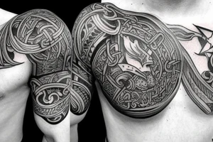 viking theme on chest, shoulder and upper arm tattoo idea