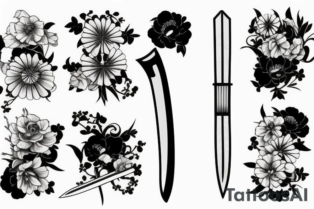 Japanese katana dips the blade into the flowers tattoo idea