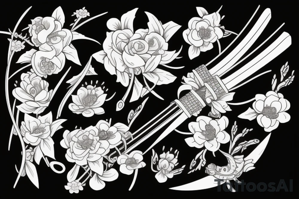 Japanese katana dips the blade into the flowers tattoo idea