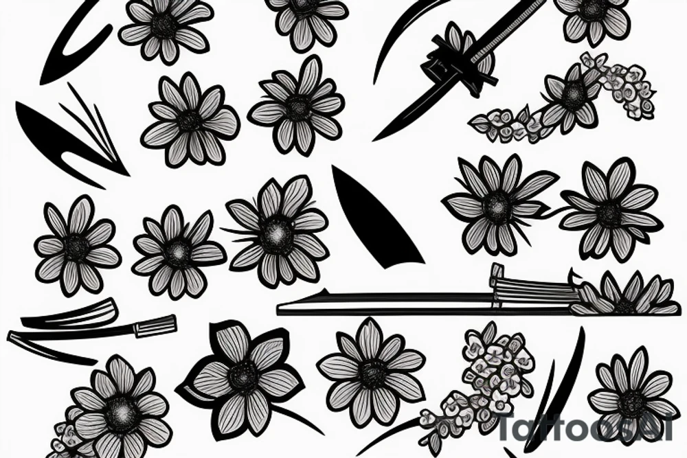 Japanese katana dips the blade into the flowers tattoo idea