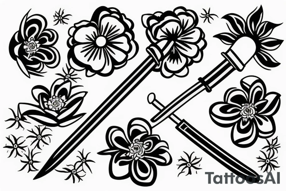 Japanese katana dips the blade into the flowers tattoo idea