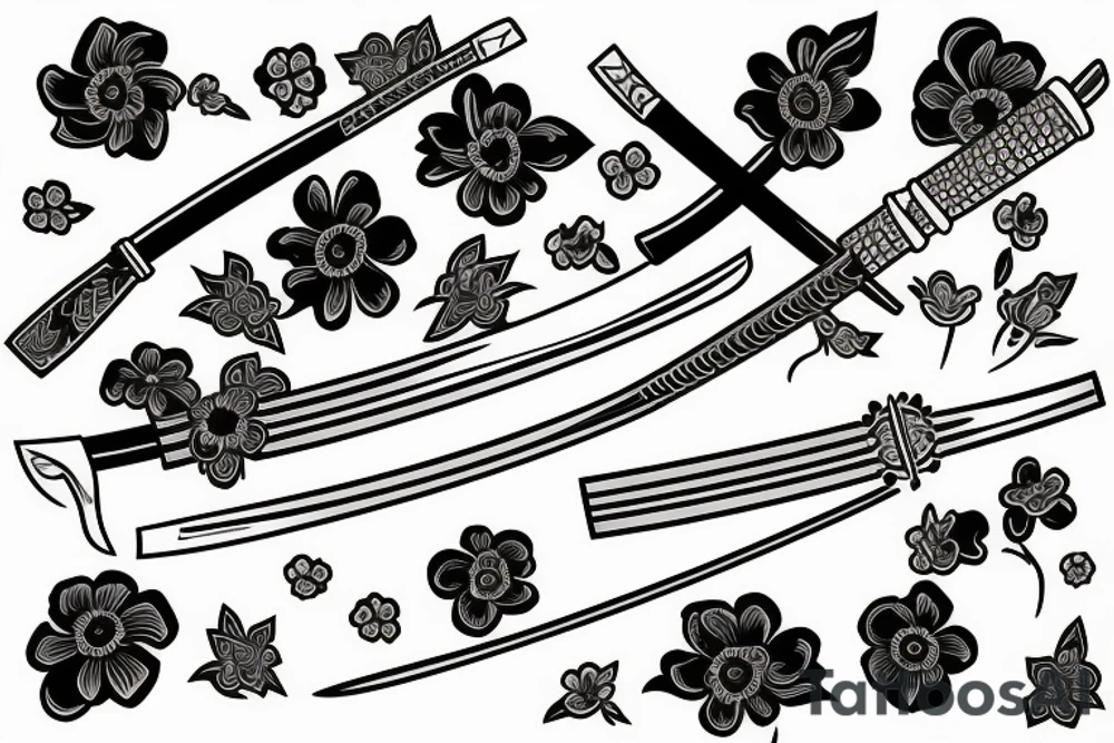 Japanese katana dips the blade into the flowers tattoo idea