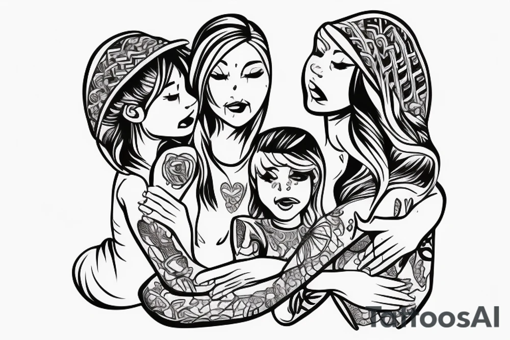 A loving Mother with daughter and son. Make three of them together only with lines tattoo idea