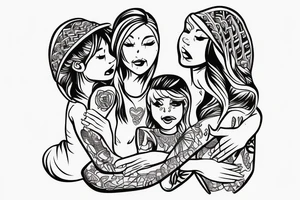 A loving Mother with daughter and son. Make three of them together only with lines tattoo idea