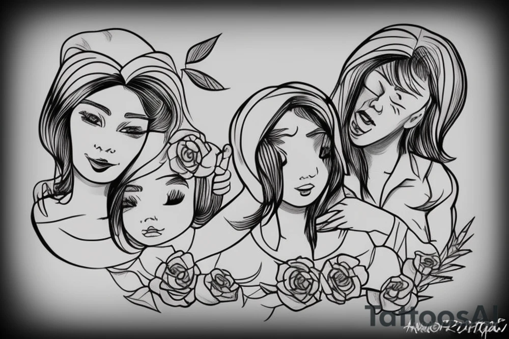 A loving Mother with daughter and son. Make three of them together only with lines tattoo idea