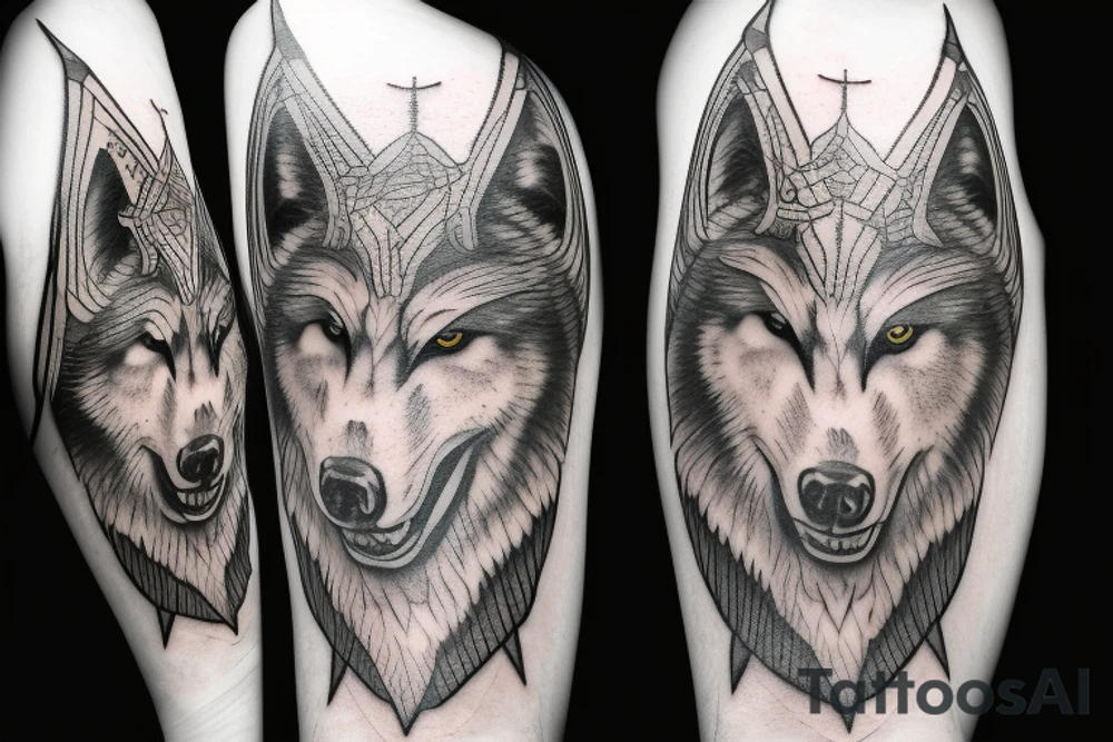 on chest wolf chase the sun
on shoulder odin horns combined with thor mjolnir
on upper arm raven fly tattoo idea