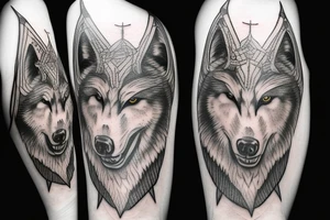 on chest wolf chase the sun
on shoulder odin horns combined with thor mjolnir
on upper arm raven fly tattoo idea