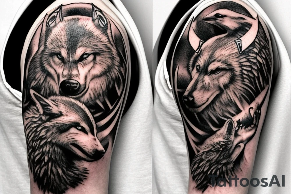 on chest wolf chase the sun
on shoulder odin horns combined with thor mjolnir
on upper arm raven fly tattoo idea