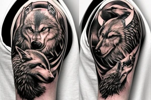 on chest wolf chase the sun
on shoulder odin horns combined with thor mjolnir
on upper arm raven fly tattoo idea