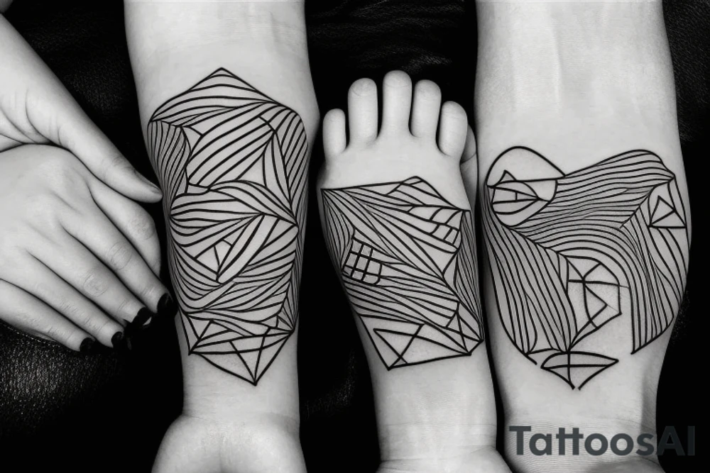 A loving Mother with daughter and son. Make three of them together only with lines abstract tattoo idea