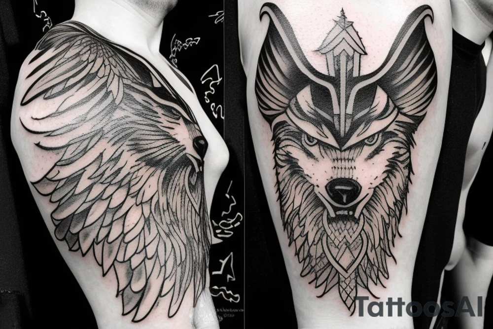 on chest wolf chase the sun
on shoulder odin horns combined with thor mjolnir
on upper arm raven fly tattoo idea