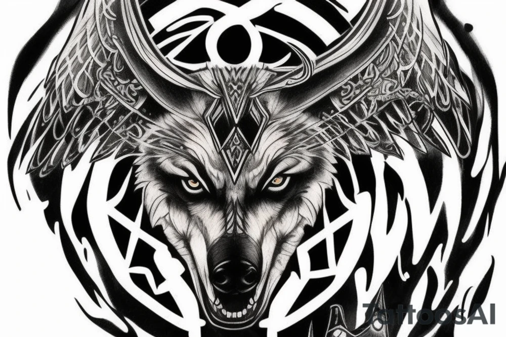 on chest wolf chase the sun
on shoulder odin horns combined with thor mjolnir
on upper arm raven fly tattoo idea