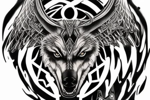on chest wolf chase the sun
on shoulder odin horns combined with thor mjolnir
on upper arm raven fly tattoo idea