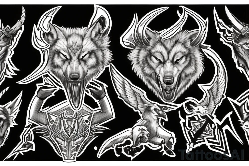 on chest wolf chase the sun
on shoulder odin horns combined with thor mjolnir
on upper arm raven fly tattoo idea