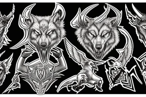 on chest wolf chase the sun
on shoulder odin horns combined with thor mjolnir
on upper arm raven fly tattoo idea