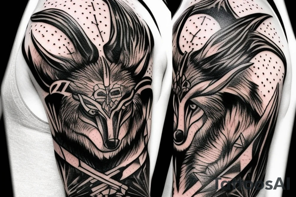 on chest wolf chase the sun
on shoulder odin horns combined with thor mjolnir
on upper arm raven fly tattoo idea
