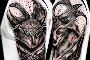 on chest wolf chase the sun
on shoulder odin horns combined with thor mjolnir
on upper arm raven fly tattoo idea
