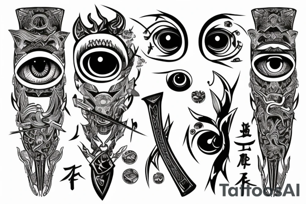 Katana sward with many different eyes on it tattoo idea