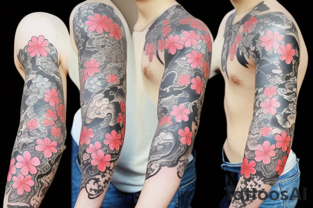 Japanese style sleeve with sakura, flowers and fish tattoo idea