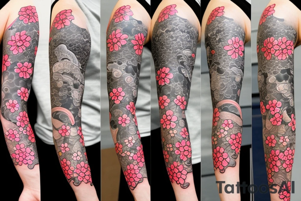 Japanese style sleeve with sakura, flowers and fish tattoo idea