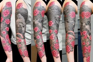 Japanese style sleeve with sakura, flowers and fish tattoo idea