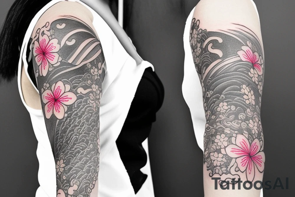 Japanese style sleeve with sakura, flowers and fish tattoo idea