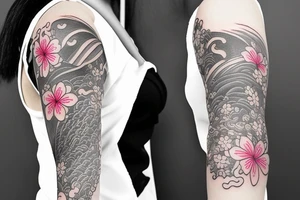 Japanese style sleeve with sakura, flowers and fish tattoo idea