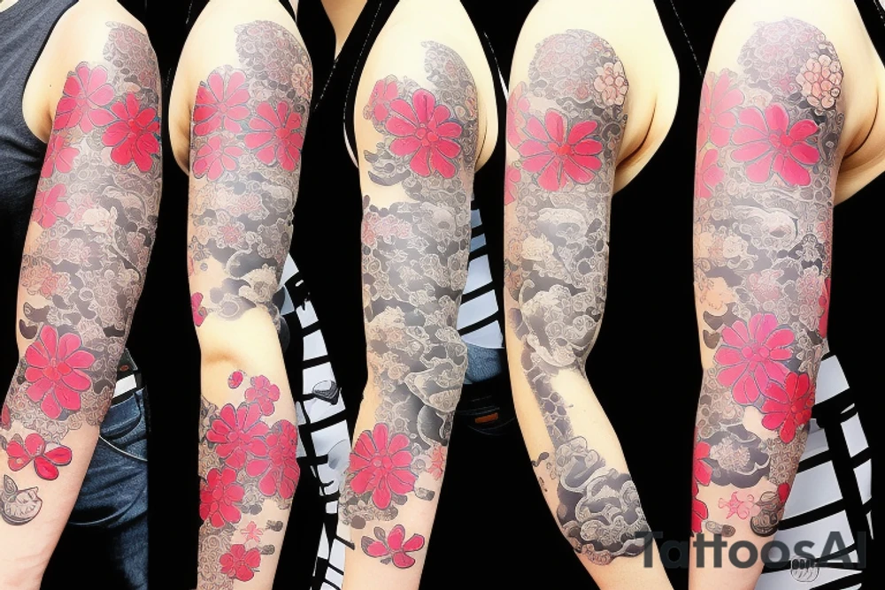 Japanese style sleeve with sakura, flowers and fish tattoo idea
