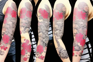 Japanese style sleeve with sakura, flowers and fish tattoo idea