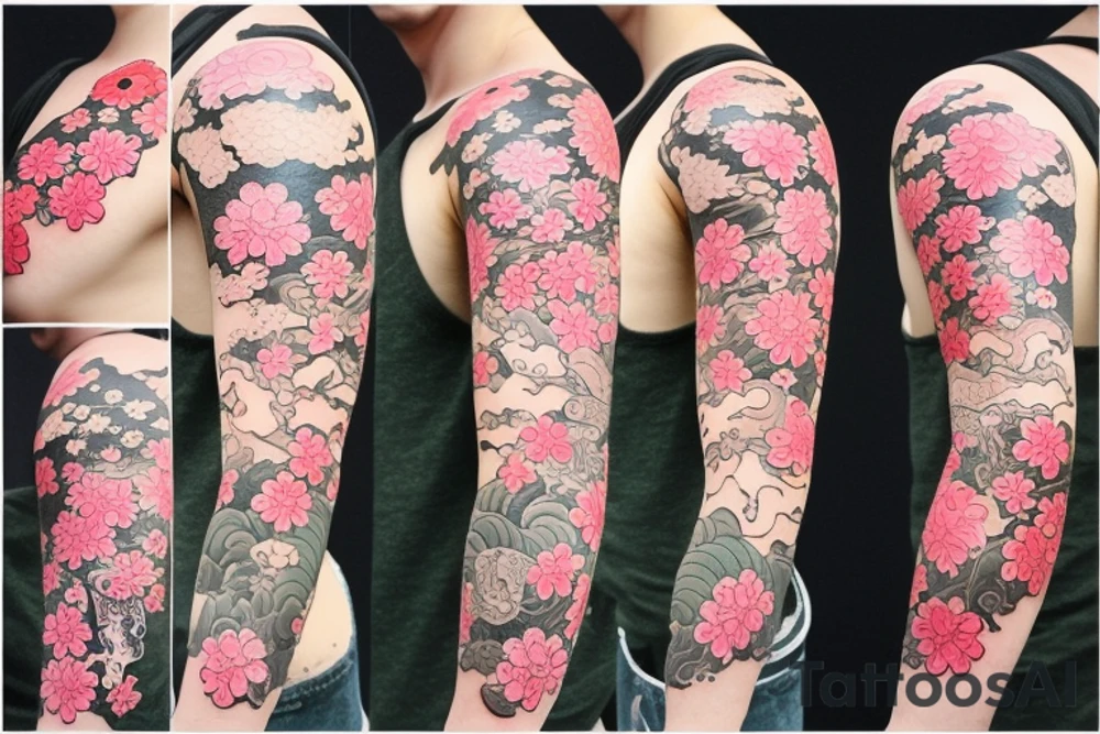 Japanese style sleeve with sakura, flowers and fish tattoo idea