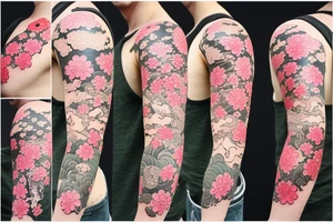 Japanese style sleeve with sakura, flowers and fish tattoo idea