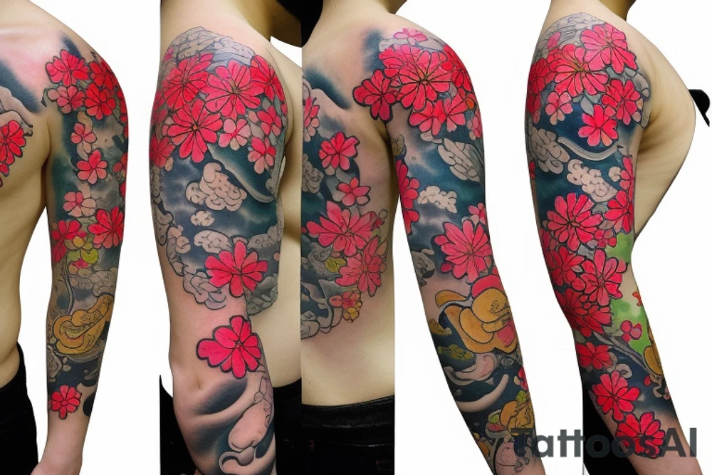 Japanese style sleeve with sakura, flowers and fish tattoo idea