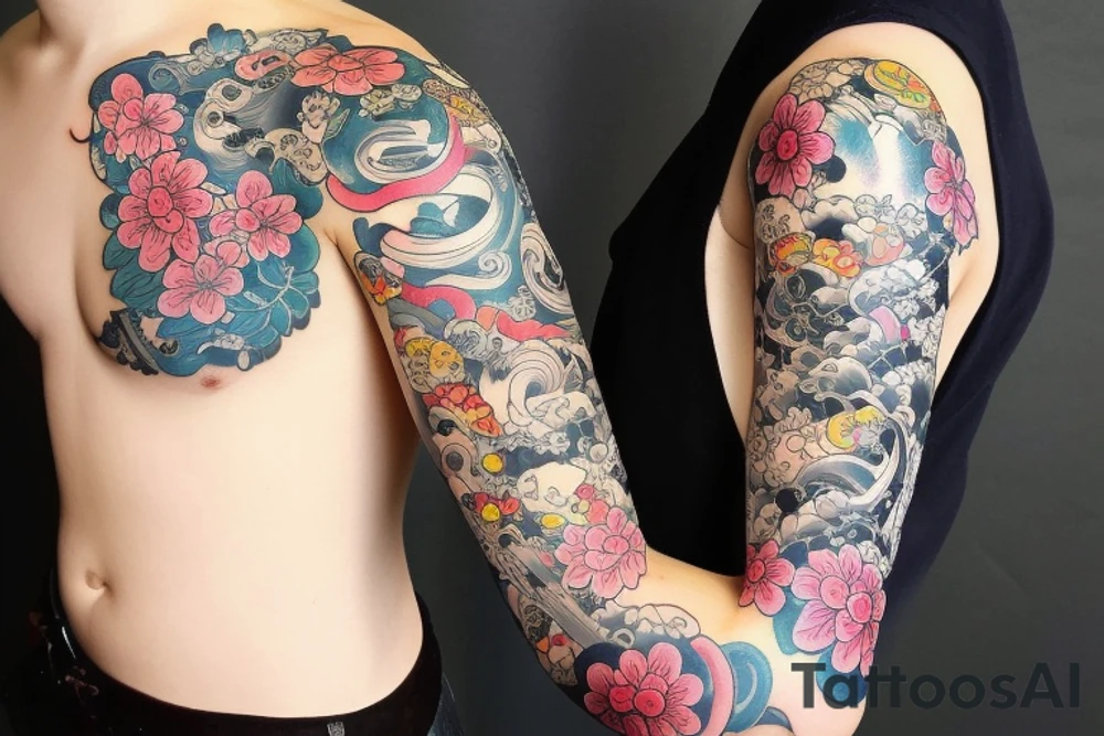Japanese style sleeve with flowers and fish tattoo idea