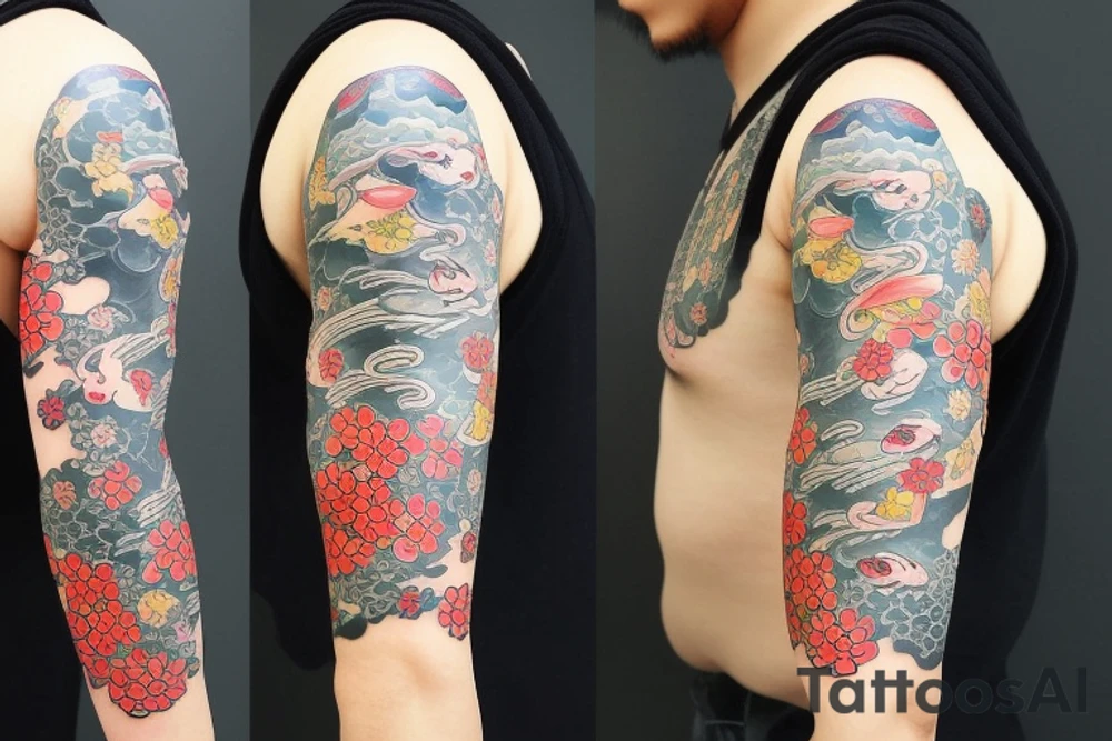 Japanese style sleeve with flowers and fish tattoo idea