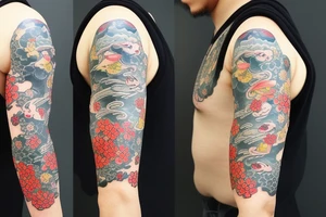 Japanese style sleeve with flowers and fish tattoo idea