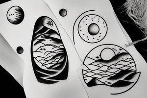 The back of a hooded figure standing atop a sand dune in the desert with two moons hanging in the sky. Something from the book Dune. tattoo idea